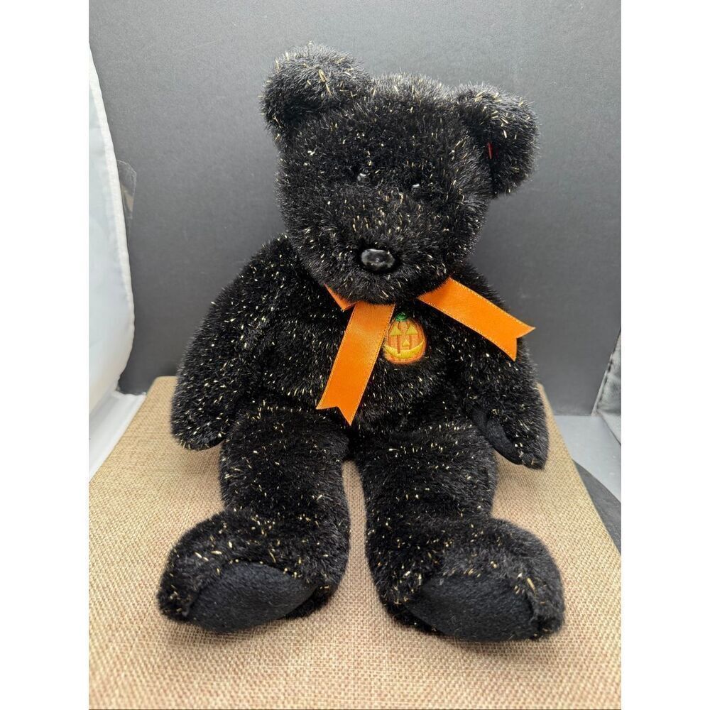 TY Vintage Beanie Baby'HAUNT' the Halloween Bear, Black Sparkles, Orange Pumpkin